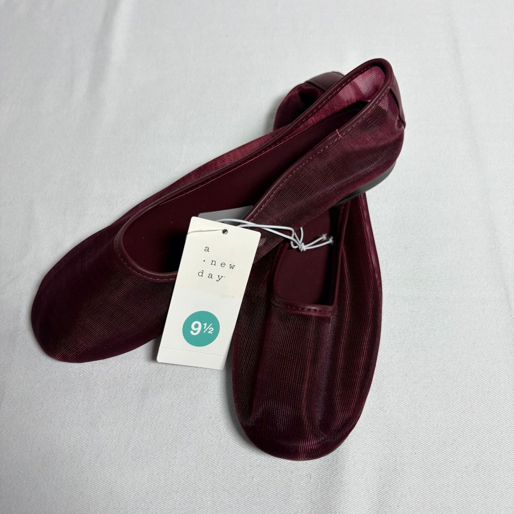 A New Day Mesh Ballet Flats 9.5 Burgundy NEW Sheer Memory Foam Round Toe Flat